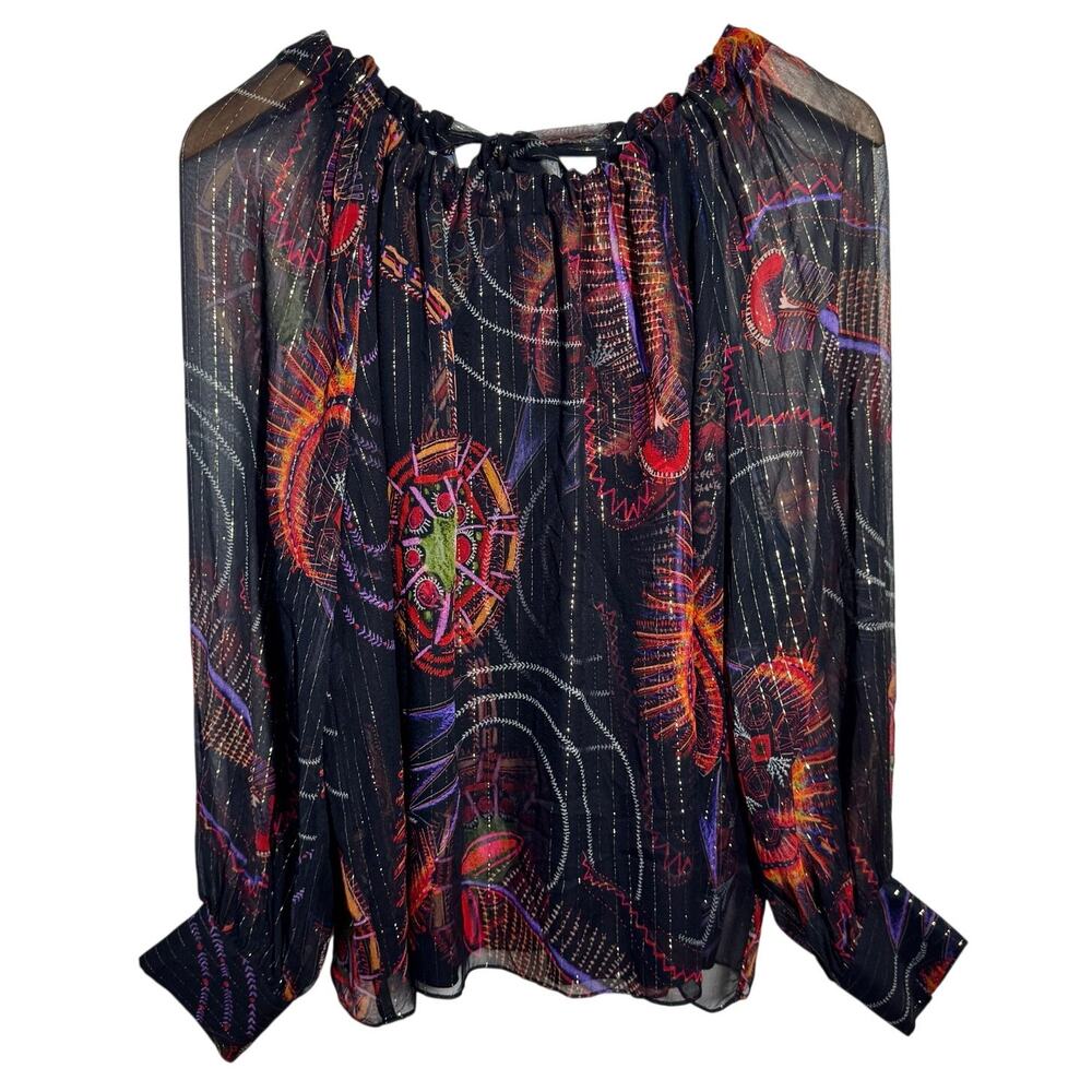 MARIE OLIVER Jenna Dark Boho Blouse In Sea Jewels M Silk Metallic Sheer Sleeve